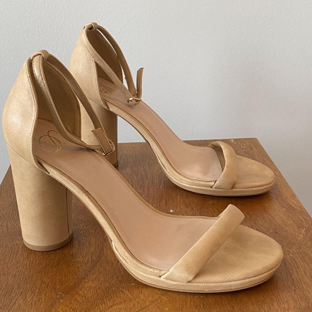 Women's Chunk 3 Inch Heel Pump Sandals in Tan / Beige Color